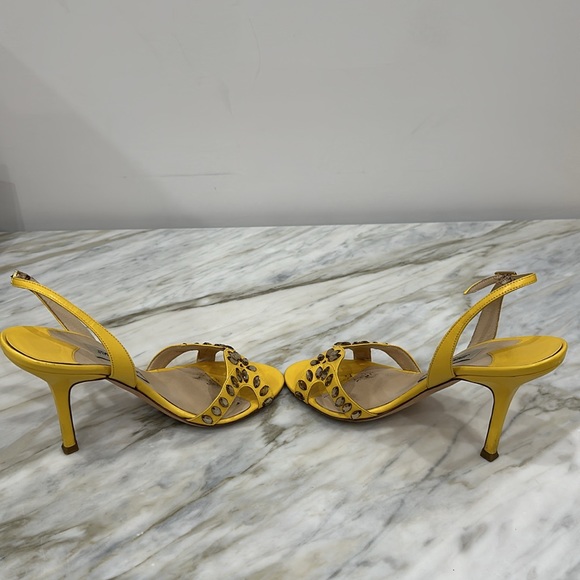 JIMMY CHOO YELLOW KID LEATHER RUMER GLASS DROPS SLING 36 1/2 6.5 - Picture 5 of 7